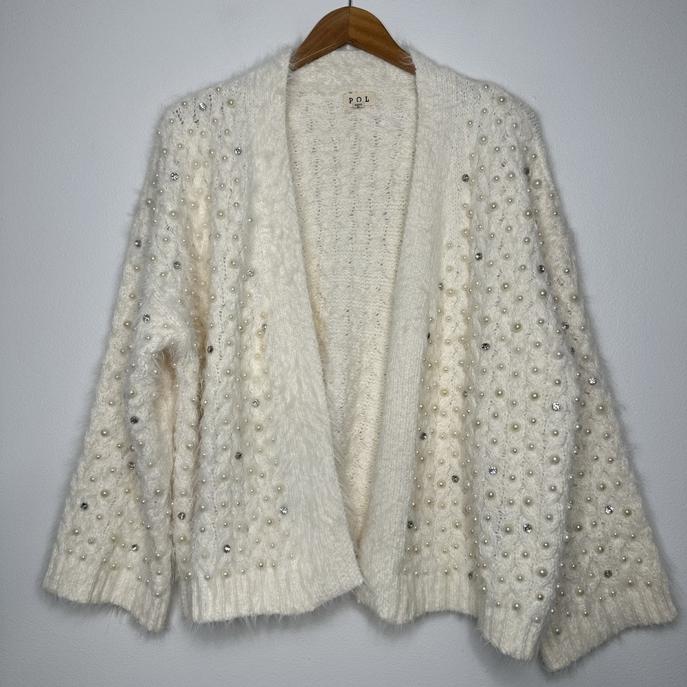 Pol Cardigan Sweater Embellished Pearls Rhinestones Oversize Small - Picture 3 of 11
